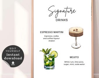 Signature-drankbordje bruiloft: Mojito & Whisky Sour (digitale download, 8 x 10 pdf/JPG)
