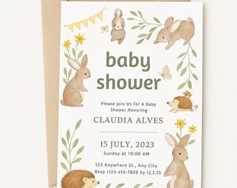 Woodland Baby Shower Invitation: Bunny & Hedgehog (Digital Download)
