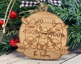 Reindeer Family Christmas Ornament, Engraved Wooden Ornament, 2022 Christmas Ornament, 2022 Family Christmas Ornament, Family Ornament
