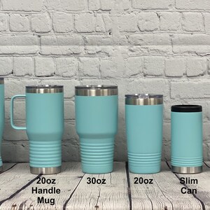 May include: A set of 10 stainless steel tumblers in various sizes, including a 32oz bottle, 20oz pilsner, 20oz handle mug, 30oz tumbler, 20oz tumbler, slim can, 12oz can holder, and 12oz wine tumbler. All tumblers are a light blue color.