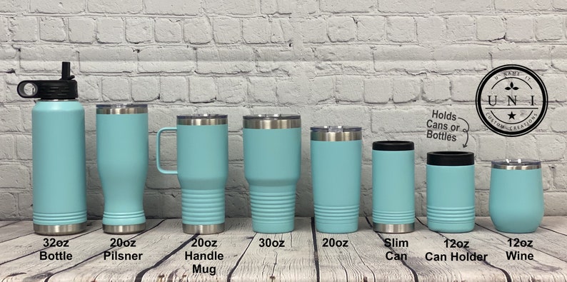 May include: A set of 10 stainless steel tumblers in various sizes, including a 32oz bottle, 20oz pilsner, 20oz handle mug, 30oz tumbler, 20oz tumbler, slim can, 12oz can holder, and 12oz wine tumbler. All tumblers are a light blue color.