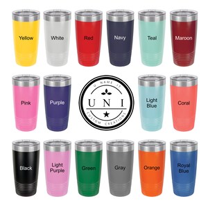 May include: A set of 18 stainless steel tumblers in various colors, including yellow, white, red, navy, teal, maroon, pink, purple, light blue, coral, black, light purple, green, gray, orange, and royal blue. The tumblers are arranged in three rows of six. Each tumbler has a silver lid and a silver base.