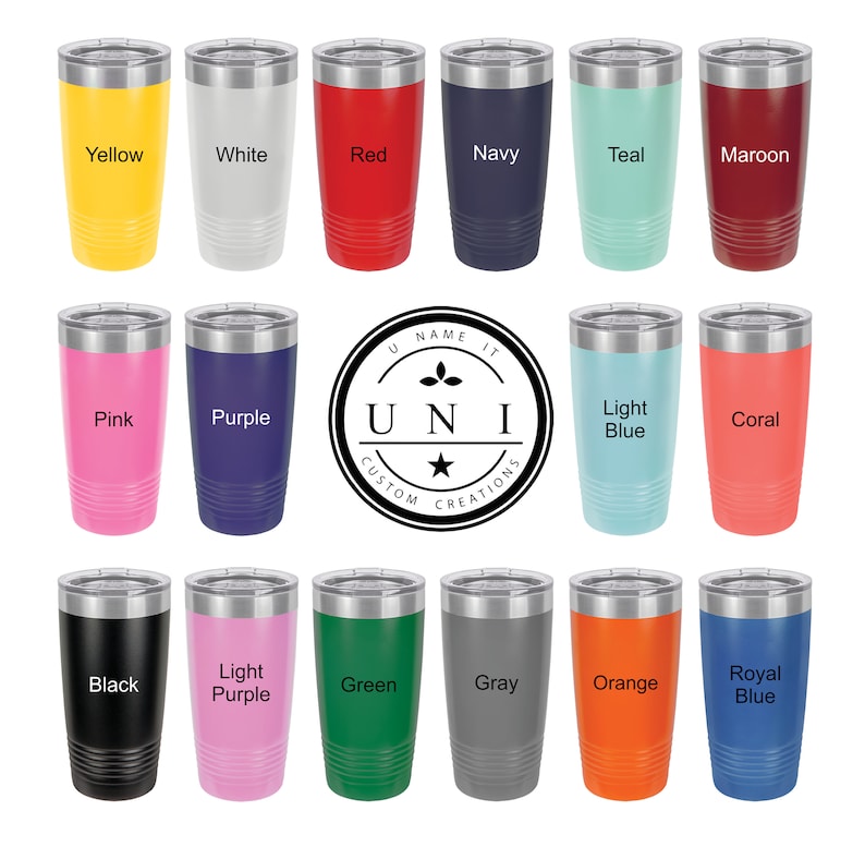 May include: A set of 18 stainless steel tumblers in various colors, including yellow, white, red, navy, teal, maroon, pink, purple, light blue, coral, black, light purple, green, gray, orange, and royal blue. The tumblers are arranged in three rows of six. Each tumbler has a silver lid and a silver base.