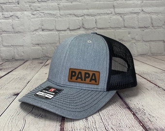 Papa Hat, Laser Engraved Leather Patch Hat, Leather Patch Snapback Cap, Custom Cap, Trucker Hat, Funny Hats, Gift for Grandparent