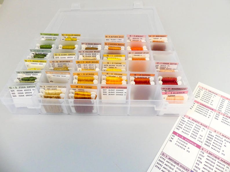 May include: A clear plastic organizer filled with spools of colorful embroidery floss. The floss is arranged by color in small compartments, with labels indicating the color names and numbers. A color chart is visible on the right.