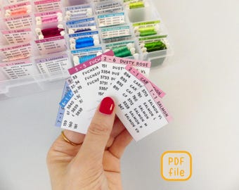 Tarjetas de colores de hilo de bordar DMC, número de familia y nombre, descarga digital
