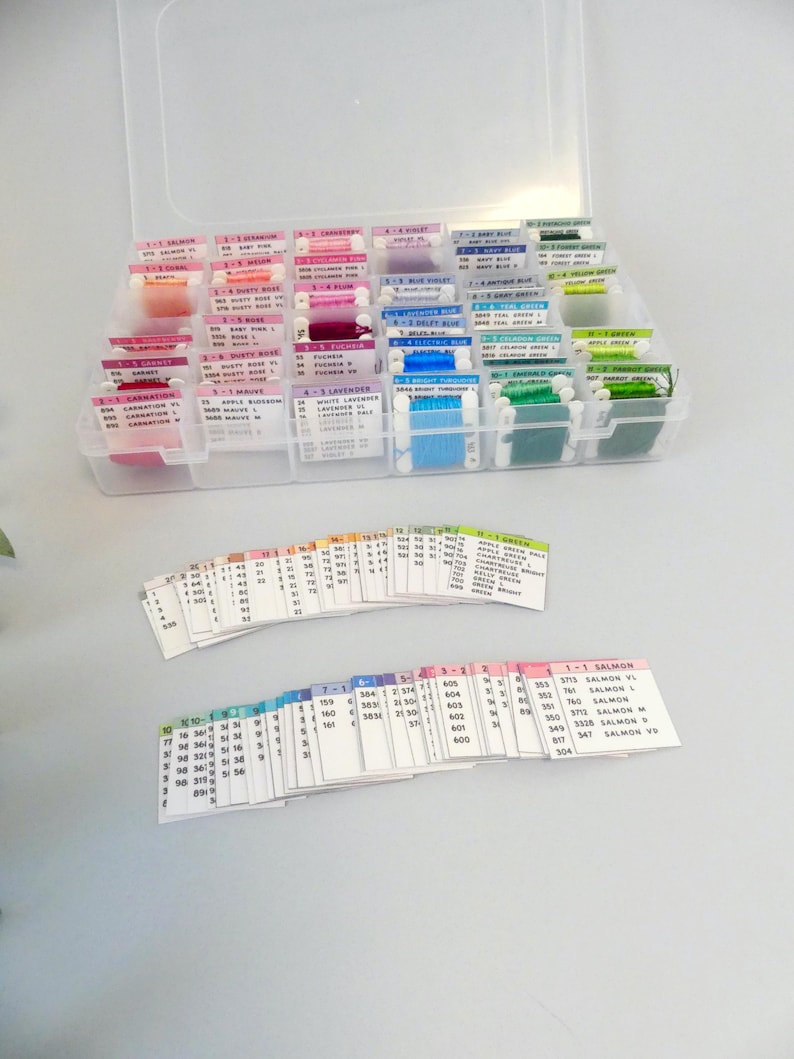 May include: A clear plastic organizer filled with spools of colorful embroidery floss. The floss is arranged by color, with labels indicating the color names and numbers. Several color-coded cards are also visible.