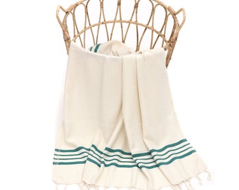 May include: A white throw blanket with teal stripes folded inside a natural woven basket.