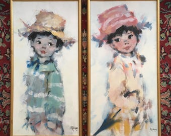 MCM Koros Signed Oil Paintings Boy Girl Set Grumbacher Frame 1960’s Excellent