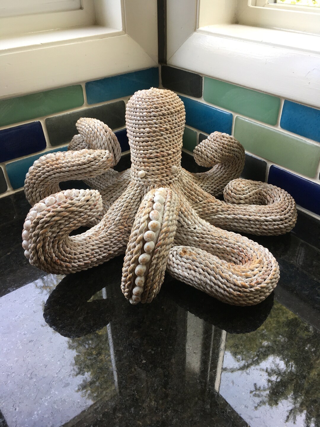 Vintage Rattan Octopus Wicker Rope Sea Shells Nautical Sculpture ...