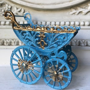 Antique Metal Doll Carriage Blue Gold Pram Dollhouse Baby Buggy Germany Excellent