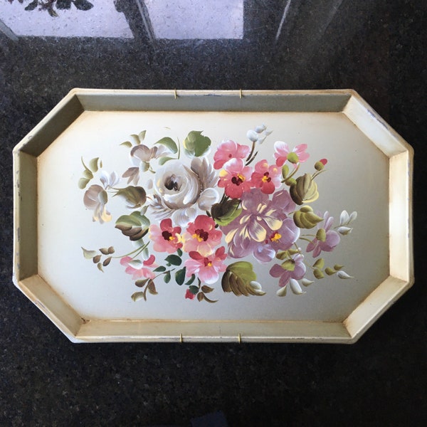 Vintage Tole Painted Metal Tray Floral Wall Decor French Country 1970’s Excellent