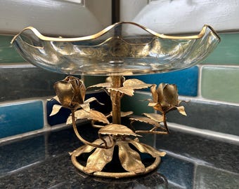 Vintage Italiaanse kom met compote 8 1/2" glazen schaal gouden rozen geschulpt jaren 1950 Uitstekend