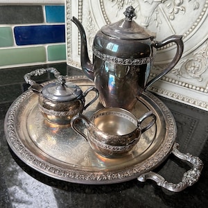 Vintage 1883 Rogers Silver on Copper 5 pc Tea Set #2307 Roses Lovely