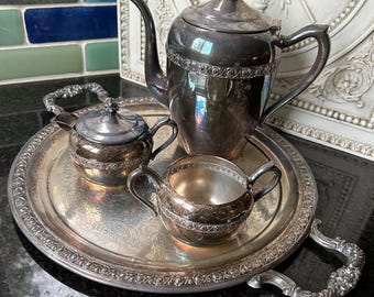 Vintage 1883 Rogers Silver on Copper 5 pc Tea Set #2307 Roses Lovely