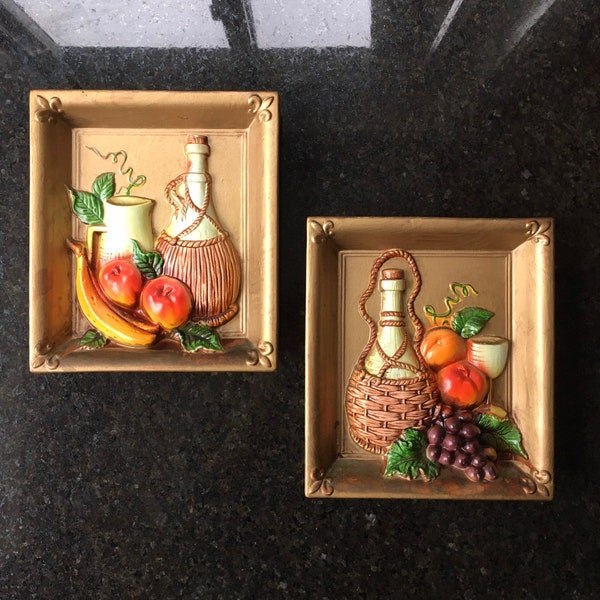 Vintage Ries Chalkware Wine & Fruit Wall Art Set Japan 1960’s Excellent