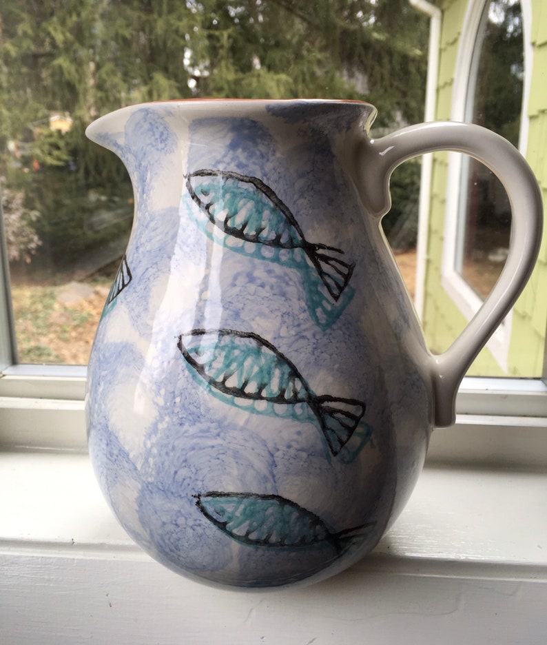Vintage Val Do Sol Pottery 8 Pitcher Fish Motif Beach House Etsy