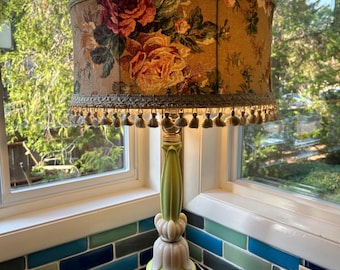 Vintage Floral Drum Lampshade w/ Tasseled Fringe Silk Lined Victorian Excellent