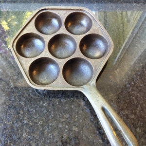 Vintage Aebleskiver Cast Iron Pan Hexagonal Danish Puff 