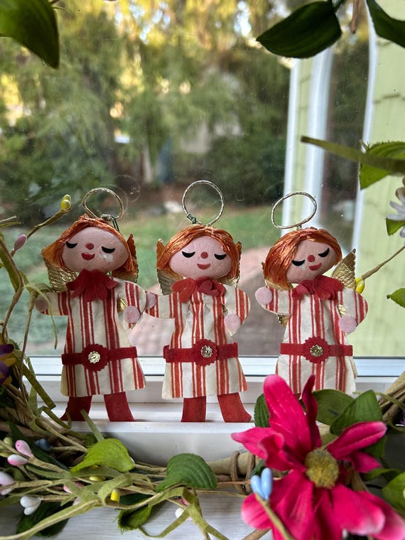 Vtg 3 Angel Ornament Set Groovy Angels Retro Christmas Decor Paper