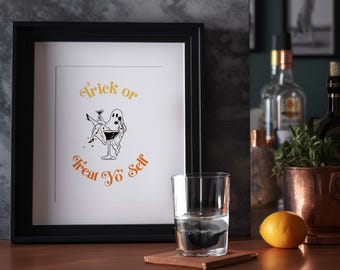 Trick or Treat Yo Self Halloween Printable, Ghost Cocktail Wall Art, Halloween Bar Cart Decor, Retro Spooky Digital Download