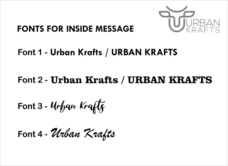 Pu&ograve; includere: Uno sfondo bianco mostra il testo che presenta gli stili di carattere. Il testo recita "FONT PER MESSAGGIO INTERNO" ed elenca quattro opzioni di carattere. Il logo Urban Krafts si trova nell'angolo in alto a destra. I caratteri 1 e 2 sono in grassetto, mentre i caratteri 3 e 4 sono corsivi.
