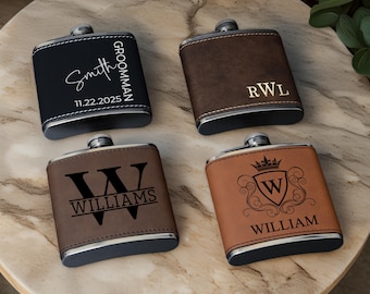 Personalized Leather Flask for Men, Groomsmen Proposal Gift, Custom Engraved Leather Hip Flask, Wedding Flask