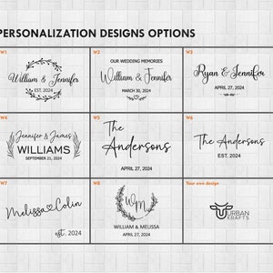 Pu&ograve; includere: Una griglia di opzioni di design per la personalizzazione con nomi e date. I design includono nomi come William & Jennifer, The Andersons e Melissa & Colin, con date come il 27 aprile 2024 e il 21 settembre 2024. Il testo "OPZIONI DI PERSONALIZZAZIONE" &egrave; in alto.