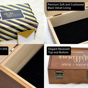 Pu&ograve; includere: Scatola di legno con coperchio incernierato, interno in velluto nero e chiusure color ottone. La scatola ha angoli a mitra e un telaio a gradini. Il coperchio &egrave; inciso con nomi e una data. Pronta per essere regalata.