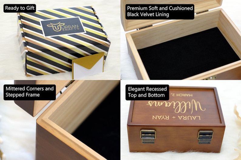 Pu&ograve; includere: Scatola di legno con coperchio incernierato, interno in velluto nero e chiusure color ottone. La scatola ha angoli a mitra e un telaio a gradini. Il coperchio &egrave; inciso con nomi e una data. Pronta per essere regalata.