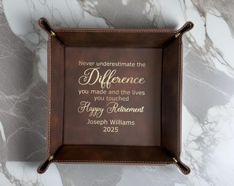 Personalized Vegan Leather Valet Tray, Engraved Custom Catchall, Retirement Gift for Coworker, Difference Made Gift for him or her