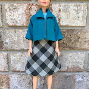 Vintage Inspired Black Gray Checkered Skirt with Fall Jacket & Blouse for Barbie