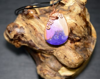 Copper Wire Wrapped Wood and Purple Resin Necklace Pendant