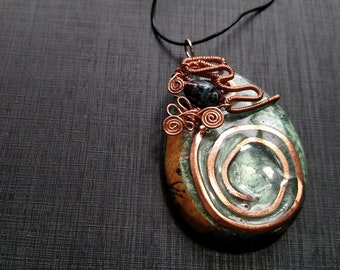 Wire wrapped Wood and Resin Pendant With Torch Fired Flameworked Glass Bead