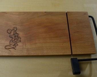 Cheese cutter, cheese board, wire cheese slicer, cherry with laser etched mouse 'n cheese