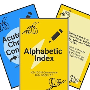 May include: Three yellow and blue index cards with the text "Alphabetic Index" and "ICD-10-CM Conventions 2024 OGCR I.A.1" on the yellow card. The blue card has the text "Acute Chr Con" and the yellow card has the text "Alphabetic Index is an list of terms and their coding codes. It is made up of the:  Pases and Injury Neoplasms and Chemicals Injuries Index".