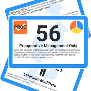 May include: A blue and white sign with the text "Preoperative Management Only" and the number "56" in black. The sign also includes a checkmark in a red circle and a pie chart with three sections in orange, yellow, and blue.