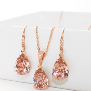 Swarovski blush pink morganite teardop necklace earring set, simple bridal jewelry, soft pink bridesmaid jewelry gift set, bridal party gift