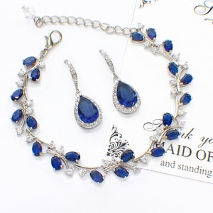 Navy blue crystal bracelet set, bridal bracelet, sapphire blue bracelet, blue teardrop earrings, bridesmaid jewelry gift set