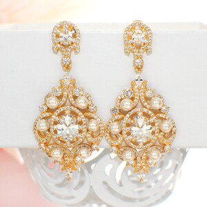 Gold Wedding Earrings Pearl Crystal Chandelier Earrings - Etsy