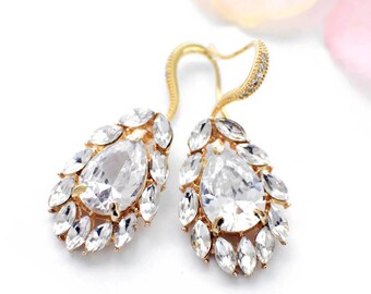 Bridal crystal earrings, Gold, bridal jewelry, crystal drop earrings, vintage style, bridesmaid jewelry, cubic zirconia, wedding jewelry