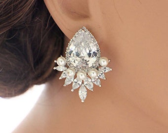 Crystal cluster earrings, large bridal stud earrings, statement wedding earrings, bridesmaid earrings, bridal jewelry, wedding jewelry