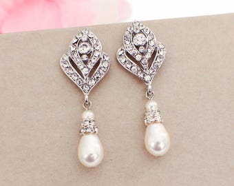 Wedding earrings, pearl drop earrings, Art Deco earrings, bridal jewelry, wedding jewelry pearls, wedding accessories, Swarovski pearl