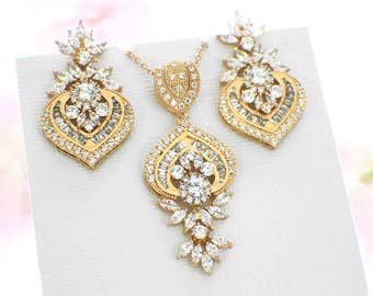 Gold necklace set, Art Deco jewelry vintage, CZ bridal necklace, bridal earrings, wedding jewelry set, bridesmaid gift, bridal jewelry set