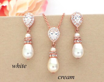 Rose gold bridesmaid jewelry set, pearl bridesmaid necklace earrings, CZ Swarovski pearl wedding necklace set, bridesmaid jewelry gift set