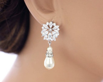 Pearl drop, wedding earrings, pearl bridesmaid earrings, bridal drop earrings, crystal bridesmaid jewelry, pearl wedding jewelry, bride