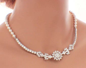 Pearl CZ necklace, pearl wedding necklace, pearl bridal jewelry, cubic zirconia necklace, bridal necklace, Swarovski pearl, wedding jewelry