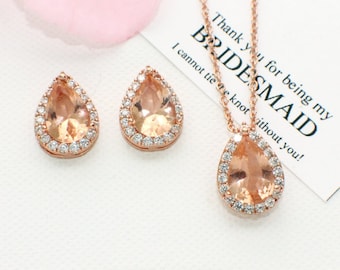 Wedding party jewelry, Rose gold teardrop necklace stud earring set, Mother of the bride jewelry, cubic zirconia jewelry set, bridesmaid set