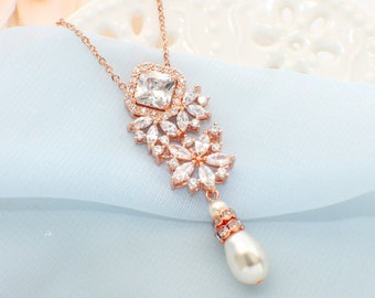 Crystal bridal necklace, Rose Gold, cubic zirconia necklace, bridesmaid necklace, wedding jewelry, Swarovski pearl, wedding necklace
