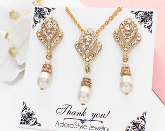 Gold rhinestone jewelry set, wedding accessories, bridesmaid jewelry set, wedding necklace set, pearl jewelry set, pearl necklace set